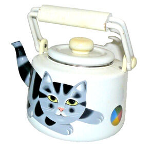 Vintage Signed Martin Leman White Enamel Teapot Tea Kettle Kitty Cat & Ball